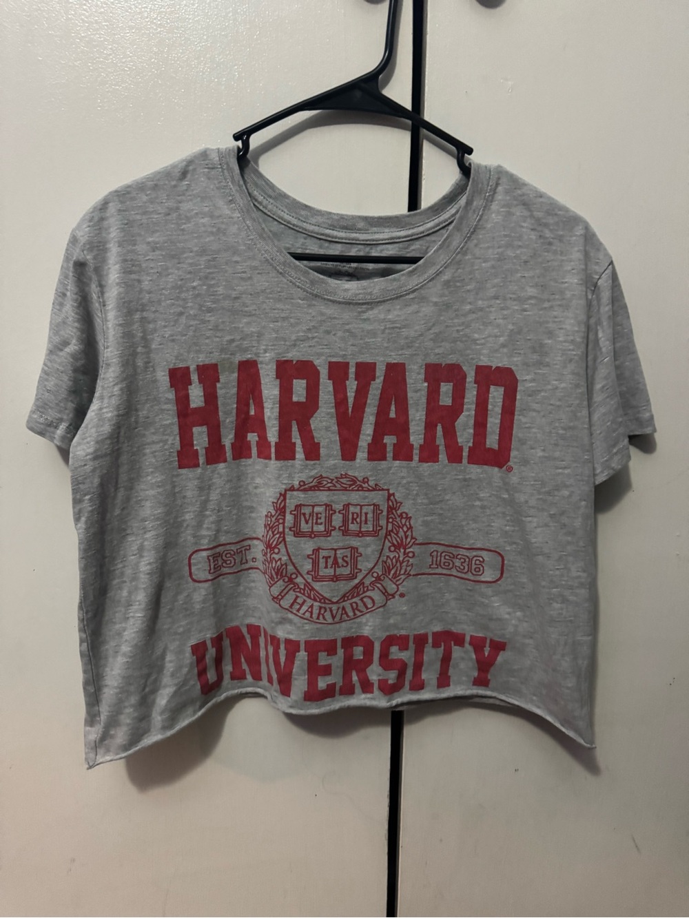 Harvard Gray Cropped Logo Tee with Red Crest